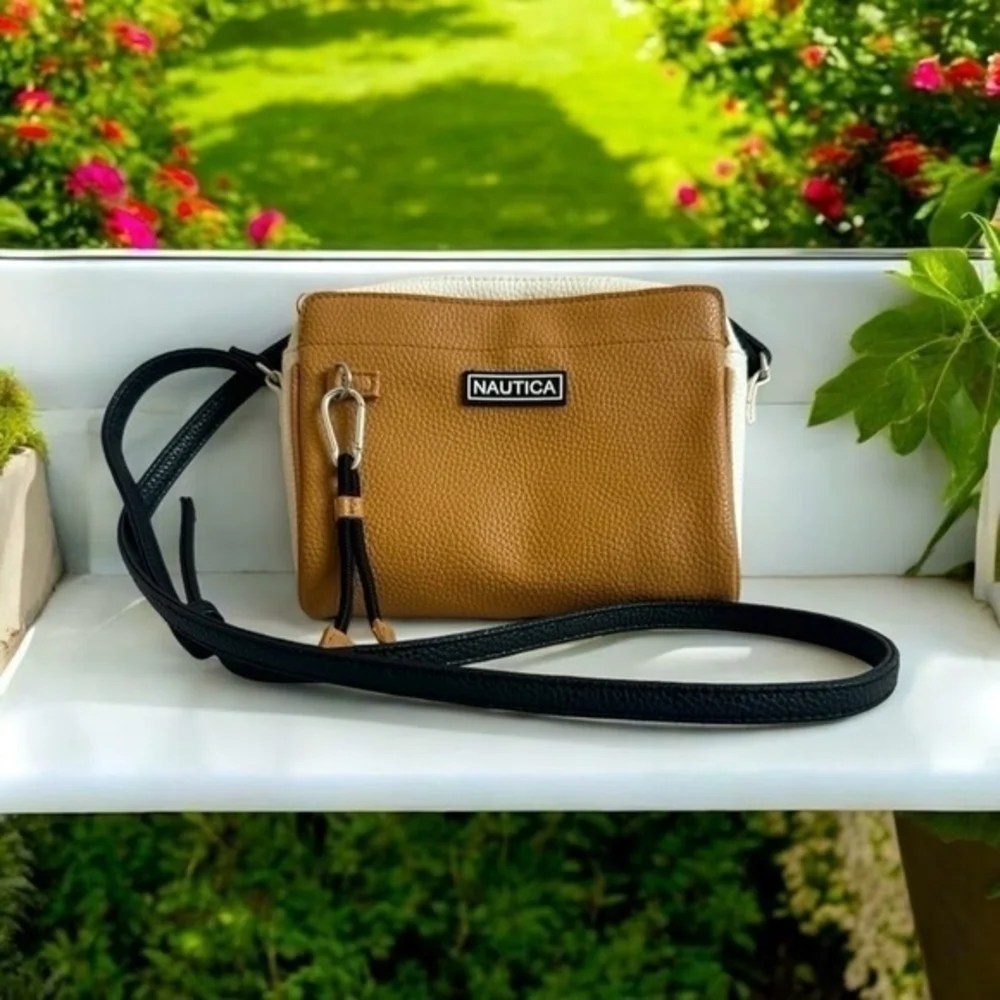 Nautica Colorblock PU Leather Canvas Crossbody Bag White Tan Black